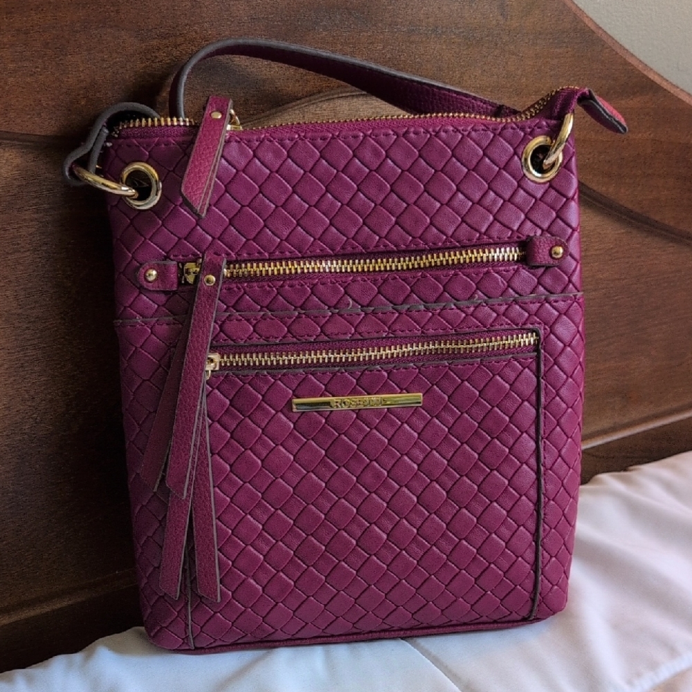 Rosetti Chic Woven Crossbody Bag in Rich Mauve Gold Accents